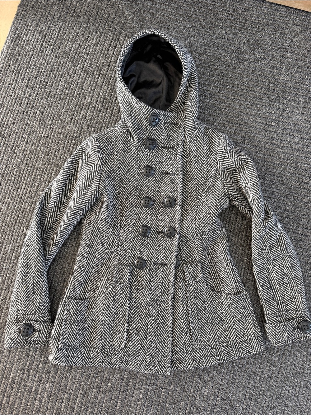 Source Unknown Girls' Hooded Herringbone Peacoat - Gray/Black